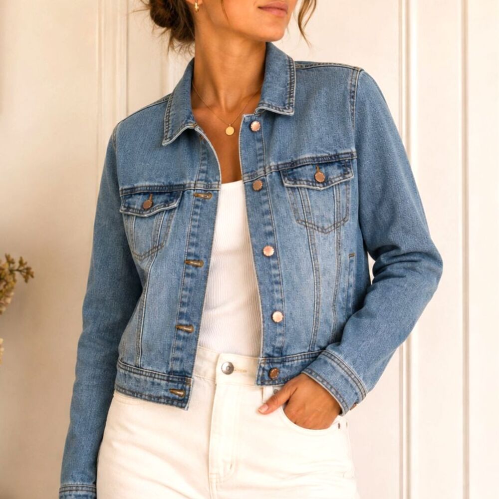 Clean Girl Aesthetic Medium Wash Denim Trucker Jacket Minimalist Capsule L